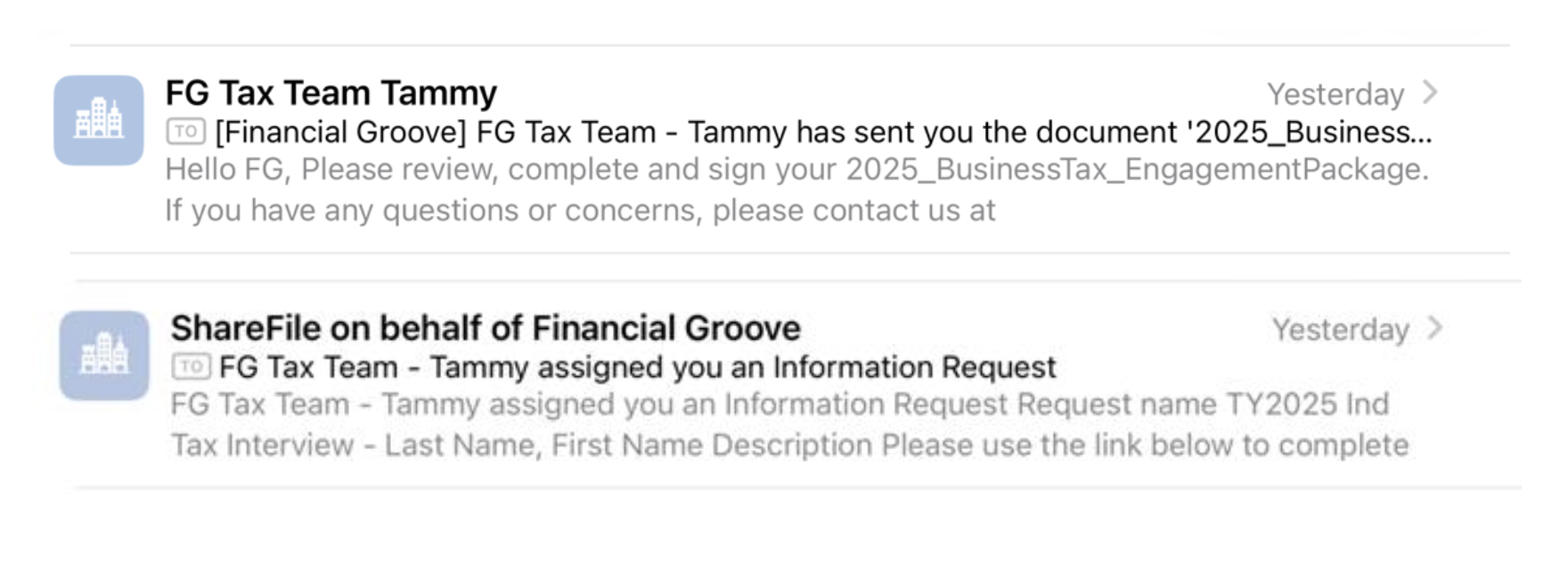 Example emails from FG Tax Team and ShareFile